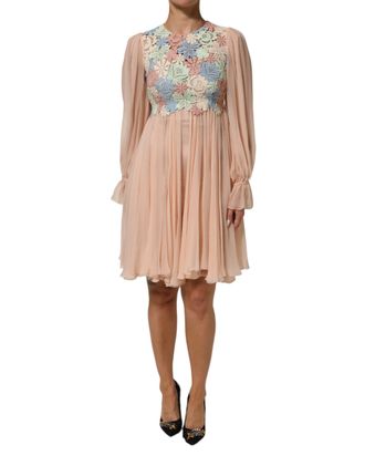 Dolce & Gabbana Pink Floral Embroidery Pleated A-line Womens Dress