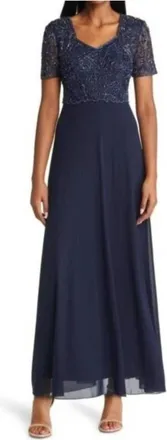 Pisarro Nights Beaded Bodice A-Line Gown In Navy