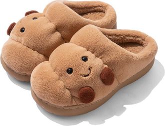 Generic Womens Brown Croissant Fuzzy Slippers Open Back & Closed Back Y2k Aesthetic House Shoes, 1.4 Non-Slip Warm Scuff Slippers for Indoor and Outdoor,Brown