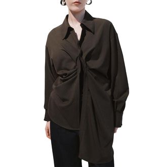 Urban Revivo Womens Asymmetrical Satin Shirt in Rich Brown, Features Front Pleats and Glossy Drape, Brown, M