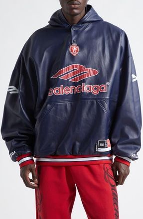 Balenciaga 3B Leather Polo Hoodie in 4100 Dark Navy at Nordstrom, Size Medium