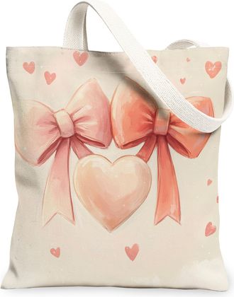 Generic Heart Bow Canvas Tote Bags, Cute Ribbon Pattern Reusable Grocery Bags, Valentines Day Lightweight Washable Shoulder Strap Canvas for Travel Picnic 13x
