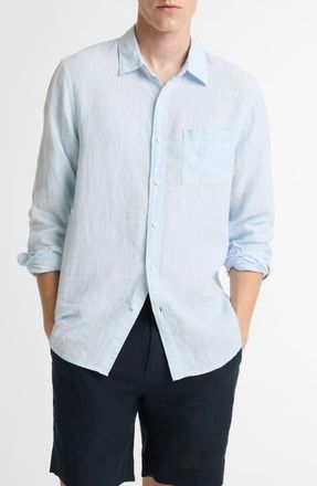 Vince Houndstooth Classic Fit Linen Button-Up Shirt in Rainwater/optic Whit at Nordstrom, Size Xx-Large