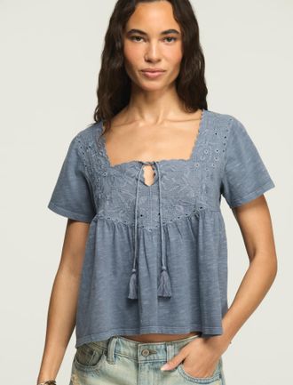 Lucky Brand Womens Embroidered Yoke Tassle Top