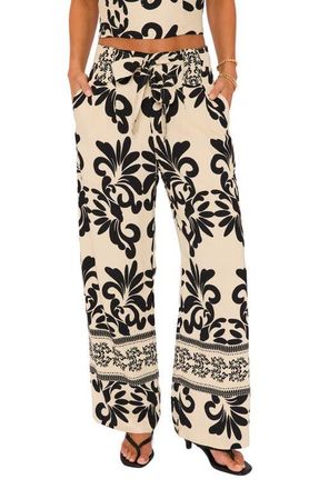 VICI Collection Coastal Print Tie Waist Wide Leg Pants in Cream Black at Nordstrom, Size X-Small