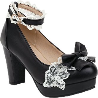 Generic Womens Chunky Heel Lolita Shoes Platform Ankle Strap Pumps Sweet Style Mary Jane Heels for Party,Black,1.5 UK