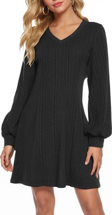 Zeagoo Ladies Dresses Long Sleeve V Neck Jumper Dress Elegant Lantern Sleeve Cable Short Dress Autumn Black S