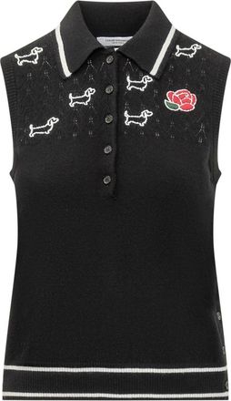 Thom Browne Black Embroidered Shirt Collar Polo