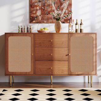 Merax Walnut Rattan Sideboard With Adjustable Shelves & Drawers in Brown