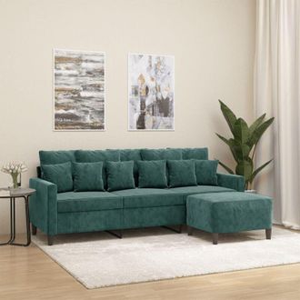 vidaXL Sof&aacute; De 3 Plazas Con Taburete De Terciopelo Verde Oscuro 180 Cm