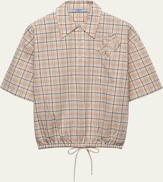 Prada Embroidered Check Cotton Polo Top