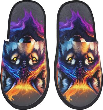 Generic Slippers Colorful Wolf Head Cozy Fleece Slippers Reusable House Shoes For Home Bedroom Ladies M