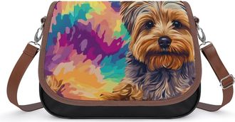 Generic Yorkshire Terrier Tie Dye Background Crossbody Bag Womens Handbag PU Message Bags Shoulder Purse with Adjustable Strap
