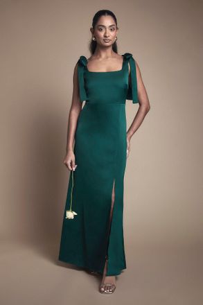 Oasis Womens Emerald Satin Tie Shoulder Midi Bridesmaid Dress - Size 16 UK
