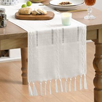 No Brand Camino De Mesa, Estilo Bohemio, Color Crema, Estilo R&uacute;stico, Con Borlas, Lavable, Ideal Para Fiestas Y Decoraci&oacute;n De Bodas, 23 Cm (9 Pulgadas), Blanco