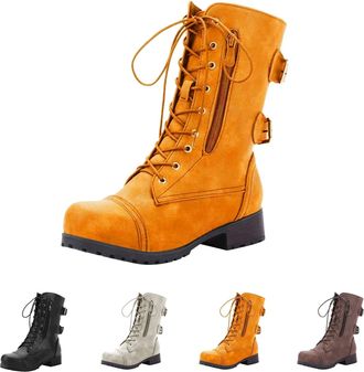 Generic Womens Fashion Winter Mid Calf Boots Low Heel Leather Combat Boots Solid Color Anti Slip Booties with Side Zipper