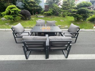 Fimous Aluminum Top 6 Seat Garden Furniture Dining Set Gas Fire Pit Table & Chairs Burner Heater Patio Outdoor Dark Grey