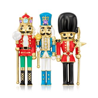 Ross-Simons 3.5-4mm Cultured Pearl,. Multi-Gemstone and Multicolored Enamel Nutcracker Pin in 18kt Gold Over Sterling