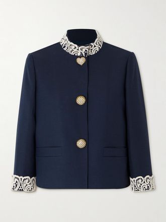 Valentino Garavani Giacca In Twill Di Misto Seta E Lana Con Finiture In Pizzo Guipure - Blu