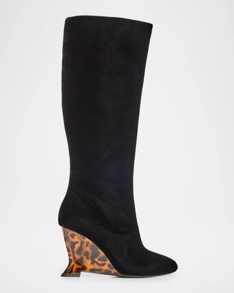 Balmain 95mm Velvet Tortoiseshell Wedge Knee-High Boots