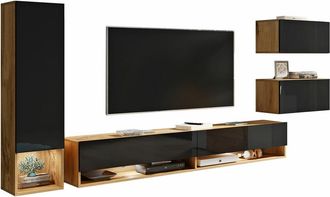 Mirjan24 Mobilier1 - Conjunto De Sal&oacute;n Sarasota 124, Roble Wotan + Negro Brillante