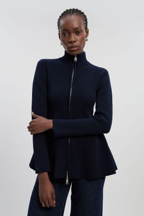 Karen Millen Womens Cotton High Neck Zip Through Longline Knit Jacket - Navy - Size X-Small