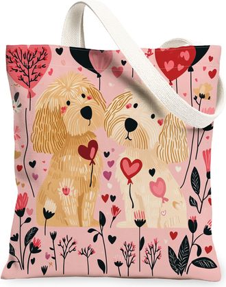 Generic Valentines Day Irish Setter Dog Canvas Tote Bag for Shopping 13x15, Fun Couple Puppy Reusable Grocery Print Bag for Women, Lover Beach Aesthetic Paint