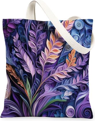 Generic Spring Quilting Paper Lavender Flower Canvas Tote Bag for Shopping 13x15, Floral Wildflower Reusable Grocery Print Bag for Women, Garden Beach Aesthet
