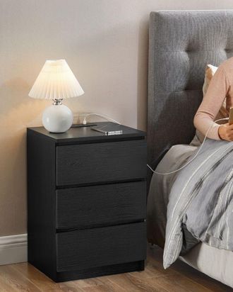Vasagle Bedside Table with Power Strip USB Outlets Drawers Modern in Black