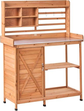 Beliani Banco De Jardiner&iacute;a Moderno Con Almacenaje 113 X 46 X 148 Cm Encimera De Hierro Muebles De Jard&iacute;n Madera De Abeto Marr&oacute;n Claro Meldola