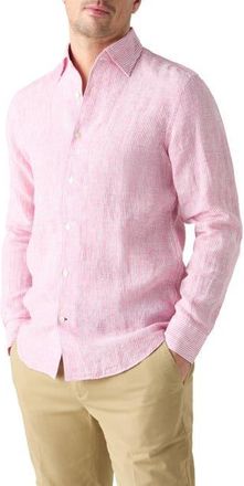 Robert Talbott Morgan Medium Stripe Linen Shirt in Magenta at Nordstrom, Size Xx-Large - 36