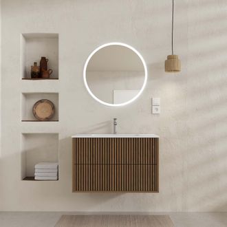 Aurlane Aurlane - Mueble De Ba&ntilde;o 2 Cajones 80 Roble Y Negro - Lavabo Blanco - Espejo Led 70