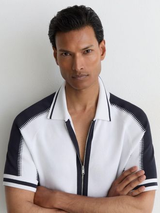 Reiss Optic White & navy Colour-block Zip-through Knit Shirt, Xxl