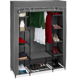 Relaxdays Relaxdays - Fabric Wardrobe with Clothes Rail & 12 Shelves, 175 x 135 x 45 cm, Closet with Zipper, Clothes Storage, Grey
