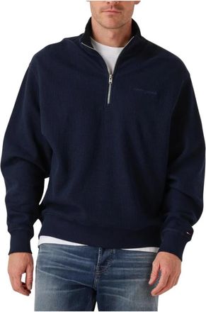 Tommy Jeans Heren Waffle Script Quarter Zip Sweater - Heren - Coltruien - Blauw - 2XL - Katoen - Truien & Vesten