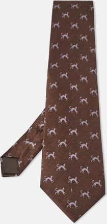 Lanvin Brown Cat Print Satin Silk Traditional Tie
