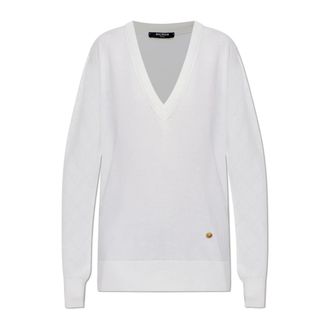 Balmain V-neck Knitwear, female, White, Size: 2XS Wool V-Neck Sweater