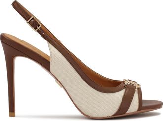 Kazar Bruine en beige leren en stoffen sandalen. Dit product valt klein uit. - Dames - Sandalen met hakken - Bruin - 36 EU - Leer - Schoenen