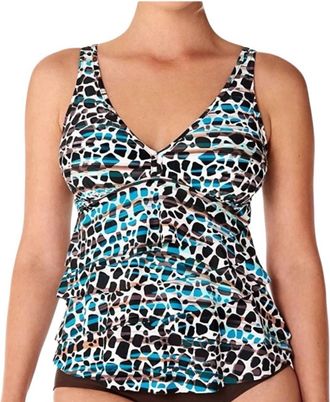 Swim Solutions Printed V-Neck Ruffled Tankini Top In Floating Island