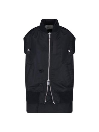sacai Layered Black Nylon Twill Vest with Double Breasted Design