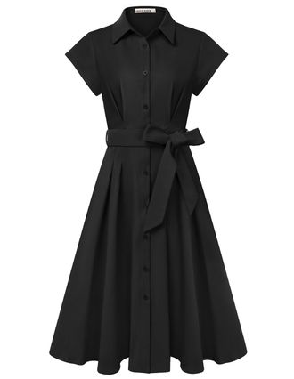 Grace Karin Womens Short Sleeve A-Line Midi Dresses Elegant Lapel Neck Boutons Tie Waist Shirt Dress for Work Wedding Black L