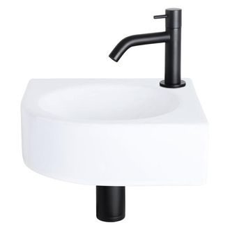 Differnz Cleo fonteinset - 30x30x10cm - Kwartrond - 1 kraangat - Gebogen matte zwarte kraan - Keramiek Wit