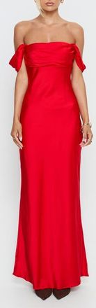 Princess Polly Azura Off the Shoulder Satin Gown in Red at Nordstrom, Size 10