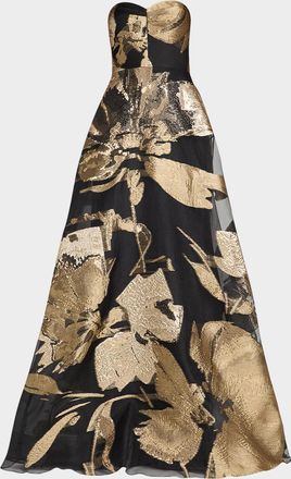 Teri Jon Strapless Metallic Floral Jacquard Organza Gown