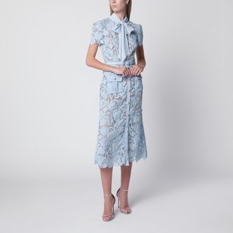 Self Portrait Abito midi in pizzo con fiocco al collo blu