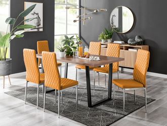 Furniturebox Kylo Large Brown Wood Effect Dining Table & 6 Milan Chrome Leg Faux LeatherChairs in Mustard