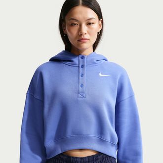 Nike Womens Nike Sportswear Phoenix Fleece Oversized Cropped Henley Hoodie in Blue | IF0258-460