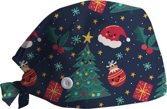 Generic Christmas Hat Print Working Cap with Sweatband for Women Men, Adjustable Cleaning Working Hats,Surgical Caps