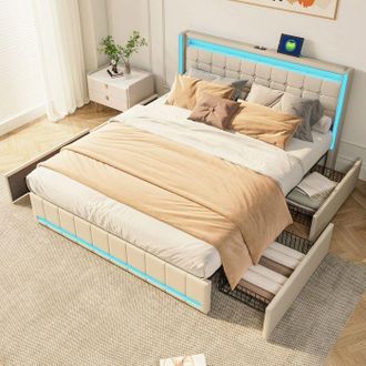 OEM Estructura De Cama 140x200 Cm 2 Plazas Beige - 4 Cajones, Led Integrada, Puertos Usb/type-c, Somier De Lamas