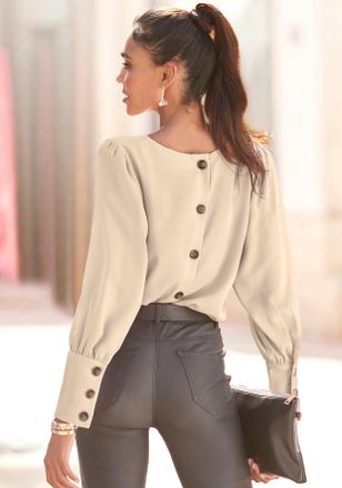 Lascana Langarmbluse LASCANA, Damen, Gr. 34, beige (creme), Web, Obermaterial: 100% Polyester, unifarben, figurumspielend h&uuml;ftlang, Rundhals, Manschette mit K